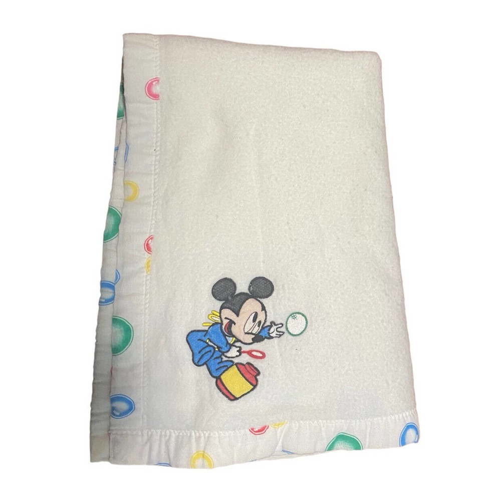 Mickey Mouse Baby Blanket Bubble Trim White Acrylic Receiving USA Crib Vintage